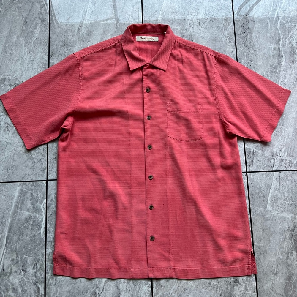 Tommy Bahama Men’s Salmon Stripe/Rib Texture 100% Silk Short Sleeve ButtonUp M